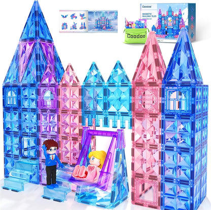 Coodoo Diamond Magnetic Tiles Magnetic Building Blocks STEM Sensory Toy for Boys Girls Pink Castle Dollhouse Pretend Princess Toys for 3 4 5 6 Year Old Girls Toys Birthday Xmas Present