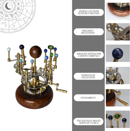 Luxury Vintage Brass Orrery – Exquisite Brass Planetary Gear Mechanism | Astronomical Desk Ornament | Solar System Model (8" Mercury, Venus, Earth, Mars, Uranus & Moons)