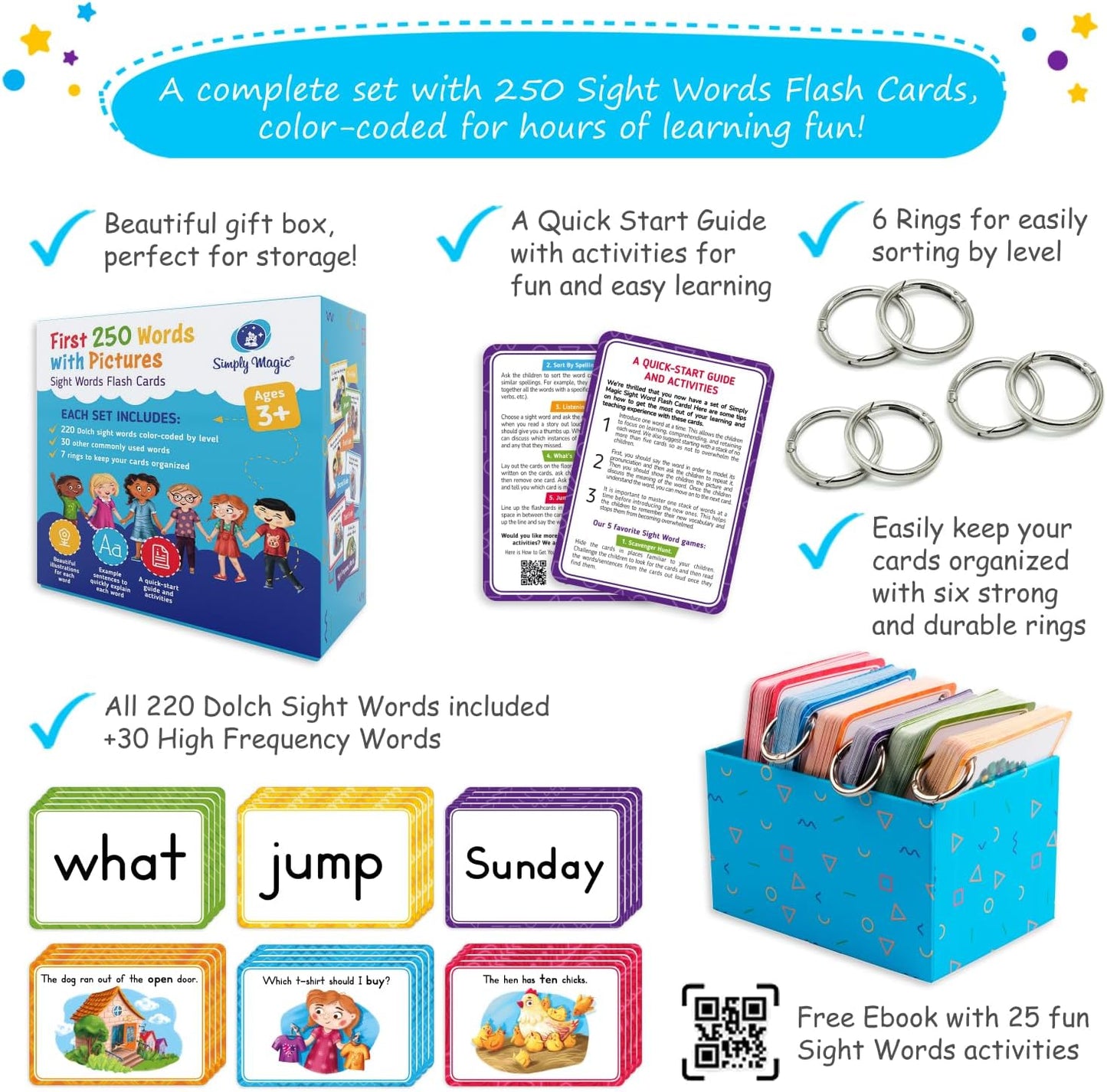 250 Sight Words Flash Cards for Kindergarten with Pictures, Dolch Sight Words Pre-K for Toddlers 3 4 5 6 7 8 Years, High Frequency Words Reading Cards for Kids Ages 4-8, Preschool - Simply Magic