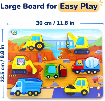 Lucas & Friends Wooden Construction Vehicle Peg Puzzle for Toddlers 2-4, 7-Piece Montessori Matching Board, Extra-Thick Easy-Grip Trucks,Preschool Learning Toy - 12”x 9”