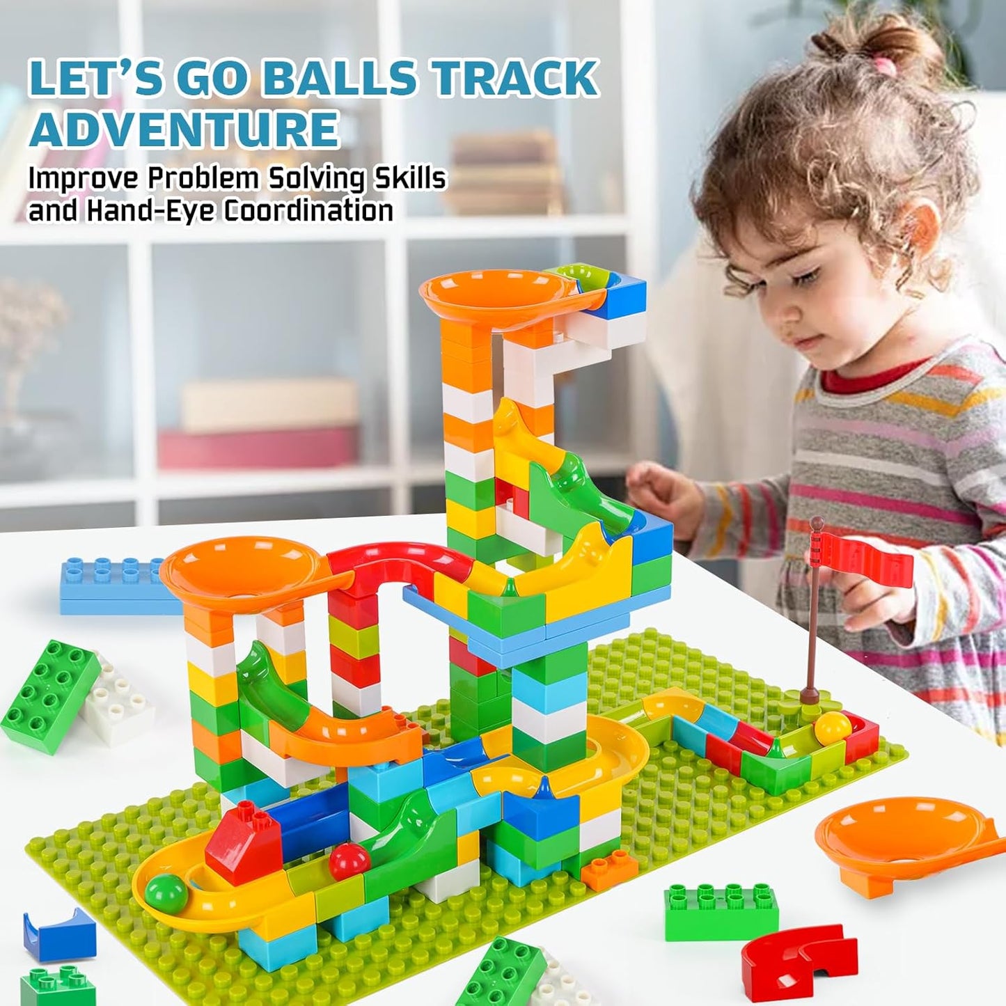 Marble Run Building Blocks for Kids, 145 PCS Building Bricks Construction Toys with Step-by-Step Guide, STEM Toy Track Compatible with Major Brands for Age 3 4 5 6 7 8+ Boys Girls Birthdays