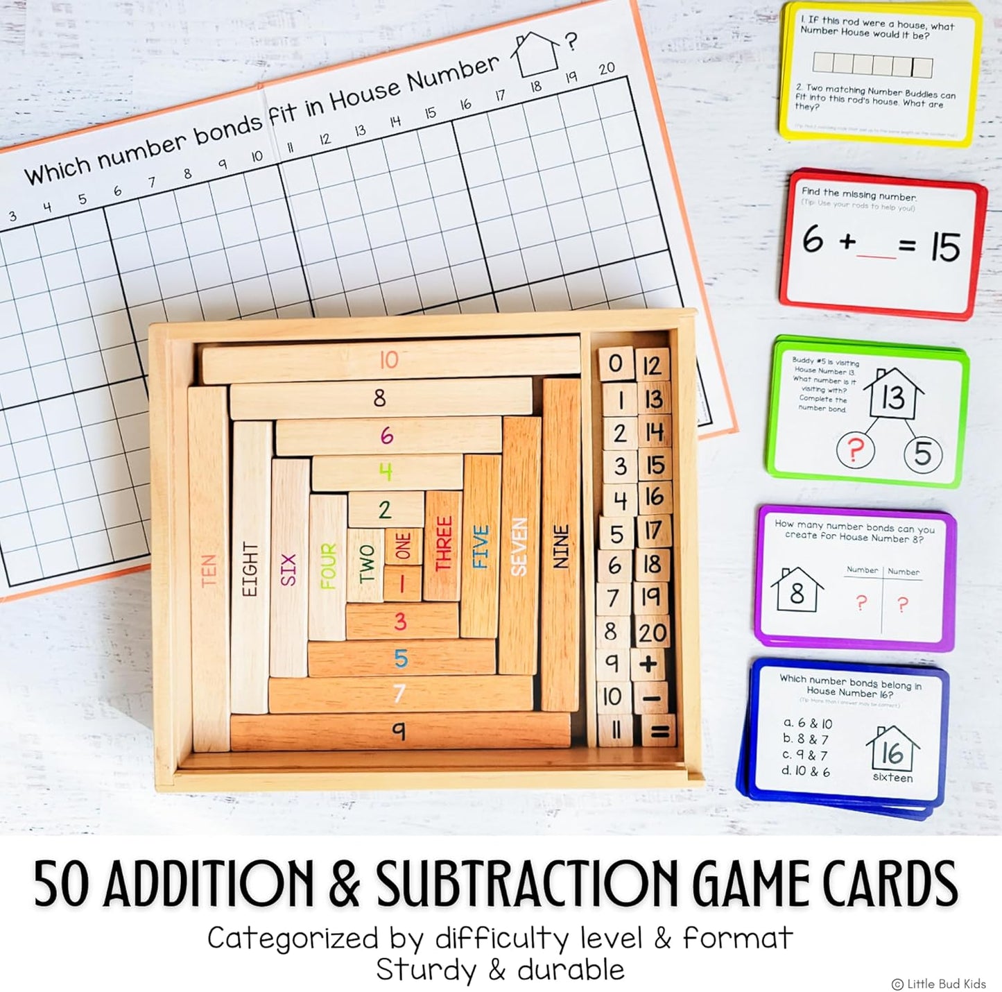 LITTLE BUD KIDS House of Number Buddies Math Game, a Number Bonds Math Toy with Counting Rods and Addition & Subtraction Flash Cards, a Montessori Material for Kids 4-8 Years Old