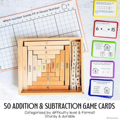 LITTLE BUD KIDS House of Number Buddies Math Game, a Number Bonds Math Toy with Counting Rods and Addition & Subtraction Flash Cards, a Montessori Material for Kids 4-8 Years Old
