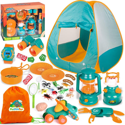 FUN LITTLE TOYS Pop Up Play Tent with Camping Gear and Tools Set, Outdoor Toys for Kids