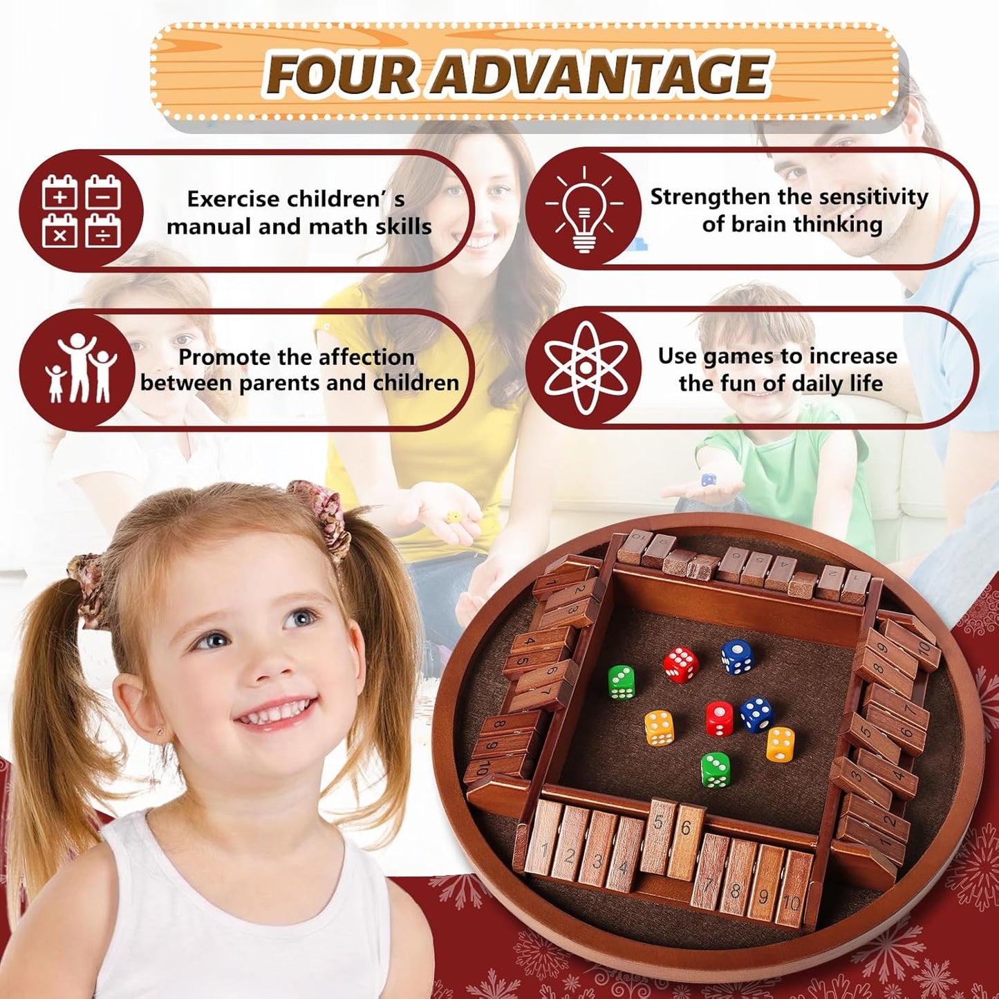 Shut The Box Dice Game,2-4 Player Family Wooden Board Table Math Games, 8 Dices Classics Tabletop Version Games for Classroom,Home,Party or Pub - Brown