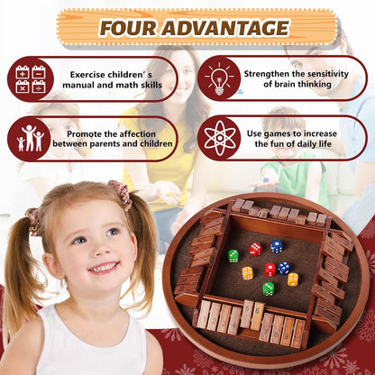 Shut The Box Dice Game,2-4 Player Family Wooden Board Table Math Games, 8 Dices Classics Tabletop Version Games for Classroom,Home,Party or Pub - Brown