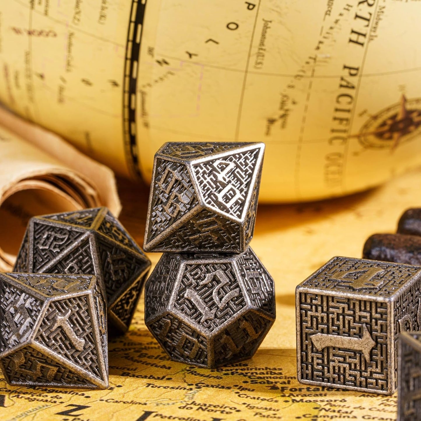 UDIXI Steampunk Metal Dice Set, 7 Die Polyhedral DND Dice Set for D&D Role Playing Game and Math Teaching (Ancient Copper)