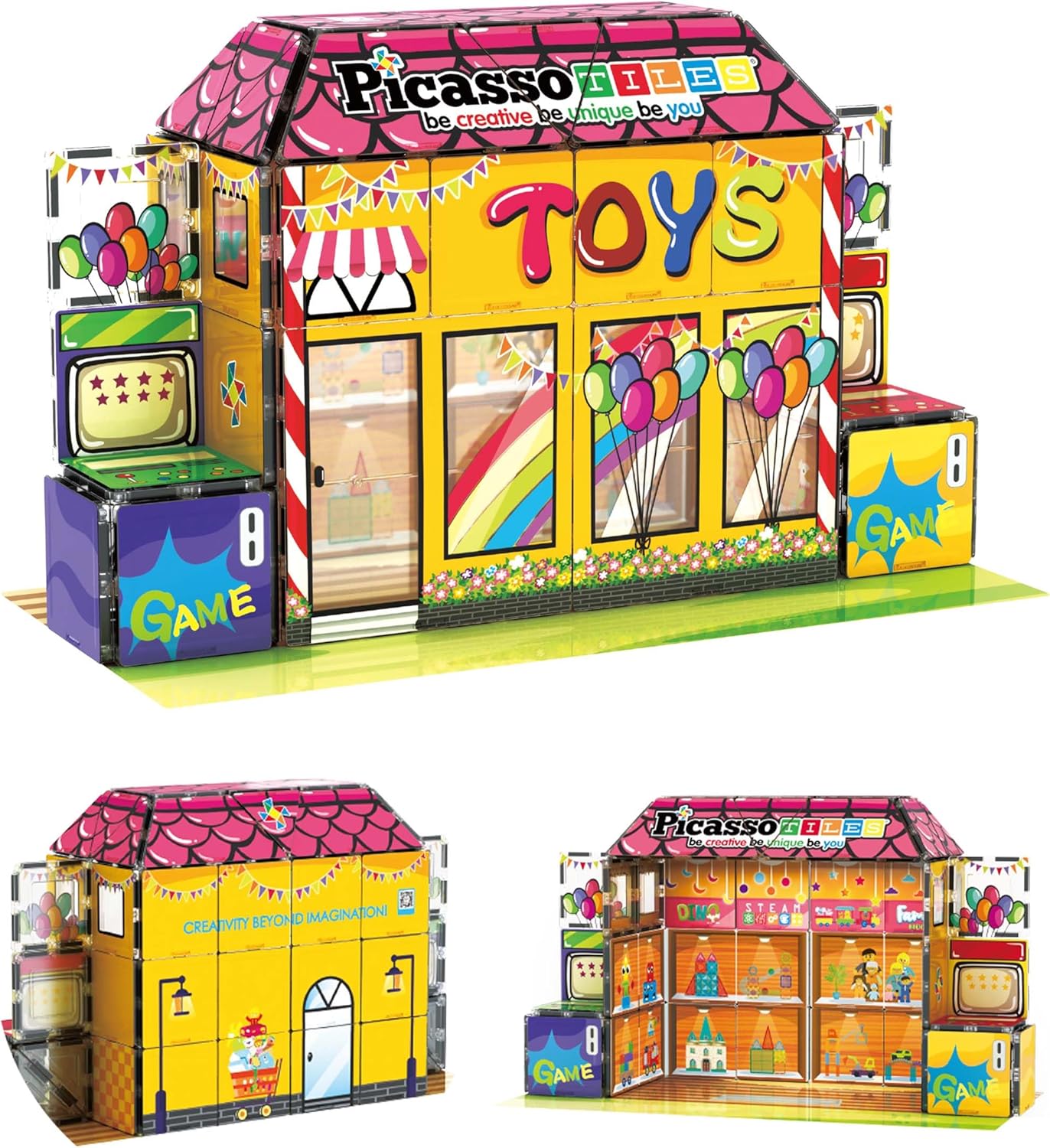 PicassoTiles 60pc Magnetic Tile Princess Castle Building Set with Double Sided Printed Tiles 2 Character Figures STEM Educational Toy Kit for Kids Pretend Play Montessori Learning Ages 3 to 8 PTQ04