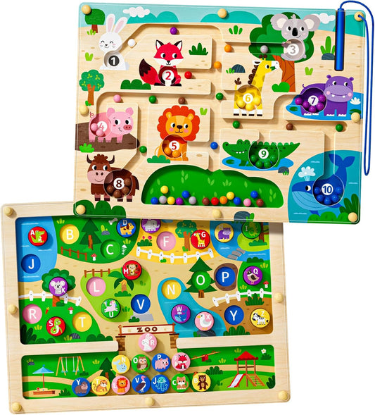 rifamee 2 in 1 Magnetic Color and Number Maze Magnet Alphabet Counting Double Sided Board Wood Puzzle Fine Motor Skills Montessori Preschool Toys Gifts for Boys and Girls 3-5 Age (Zoo, One Size)