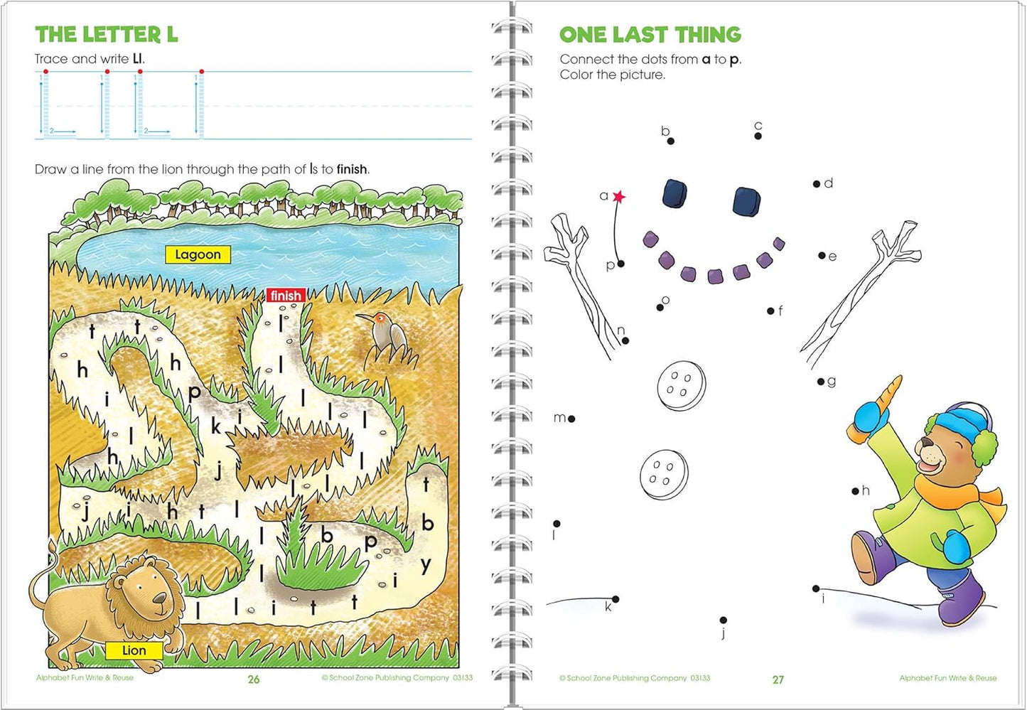 School Zone Alphabet Fun Write & Reuse™ Workbook: 52 Wipe-Clean Pages, Spiral-Bound, Pre-K, Preschool, Kindergarten, Letters & ABC Tracing, Early Learning, Ages 4–6, Includes Dry-Erase Marker