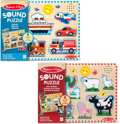 Melissa & Doug Wooden Light-Activated Sound Puzzle 2-Pack for Toddler and Preschool Boys and Girls – Farm Animals, Vehicles