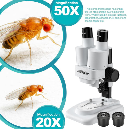 Aomekie® Microscope 20X 50X with 10Pcs Slides Insect Specimen Stereo Microscope with WF eyepieces LED Light Source Portable Stereoscope 12Pcs Mineral specimens