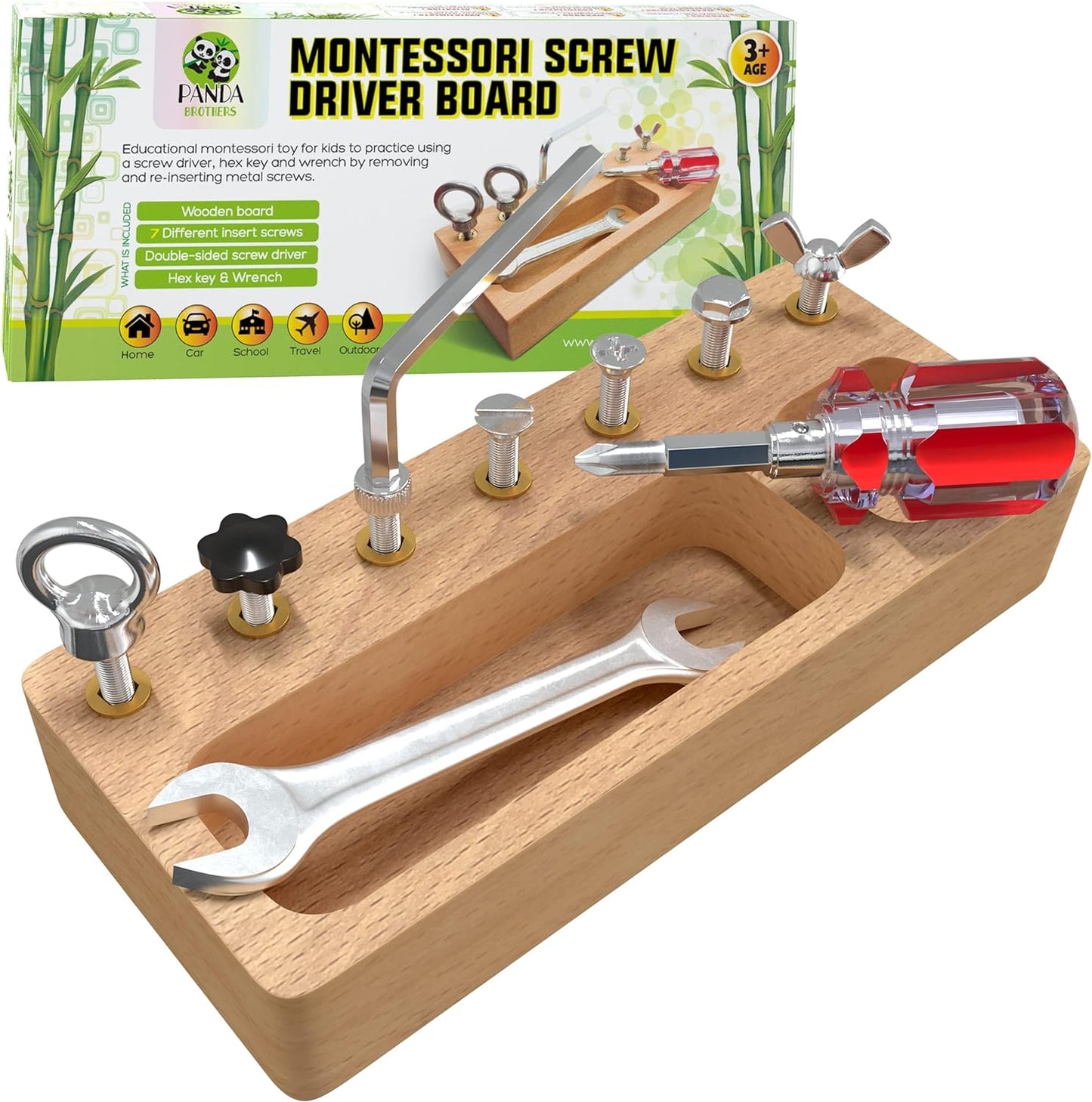 Panda Brothers Montessori Screwdriver Board Set - Wooden Montessori Toys for 4 Year Old Kids and Toddlers, Sensory Bin, Fine Motor Skills, STEM Toys