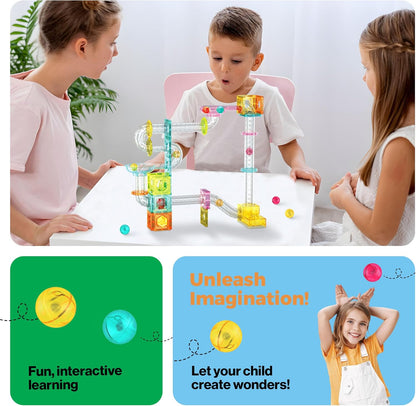 PicassoTiles Marble Run 60 Piece Race Track Magnetic Tiles Magnet Building Block Educational Construction Toy Set Playset STEM Learning Kit Child Brain Development HandEye Coordination Training PTG60
