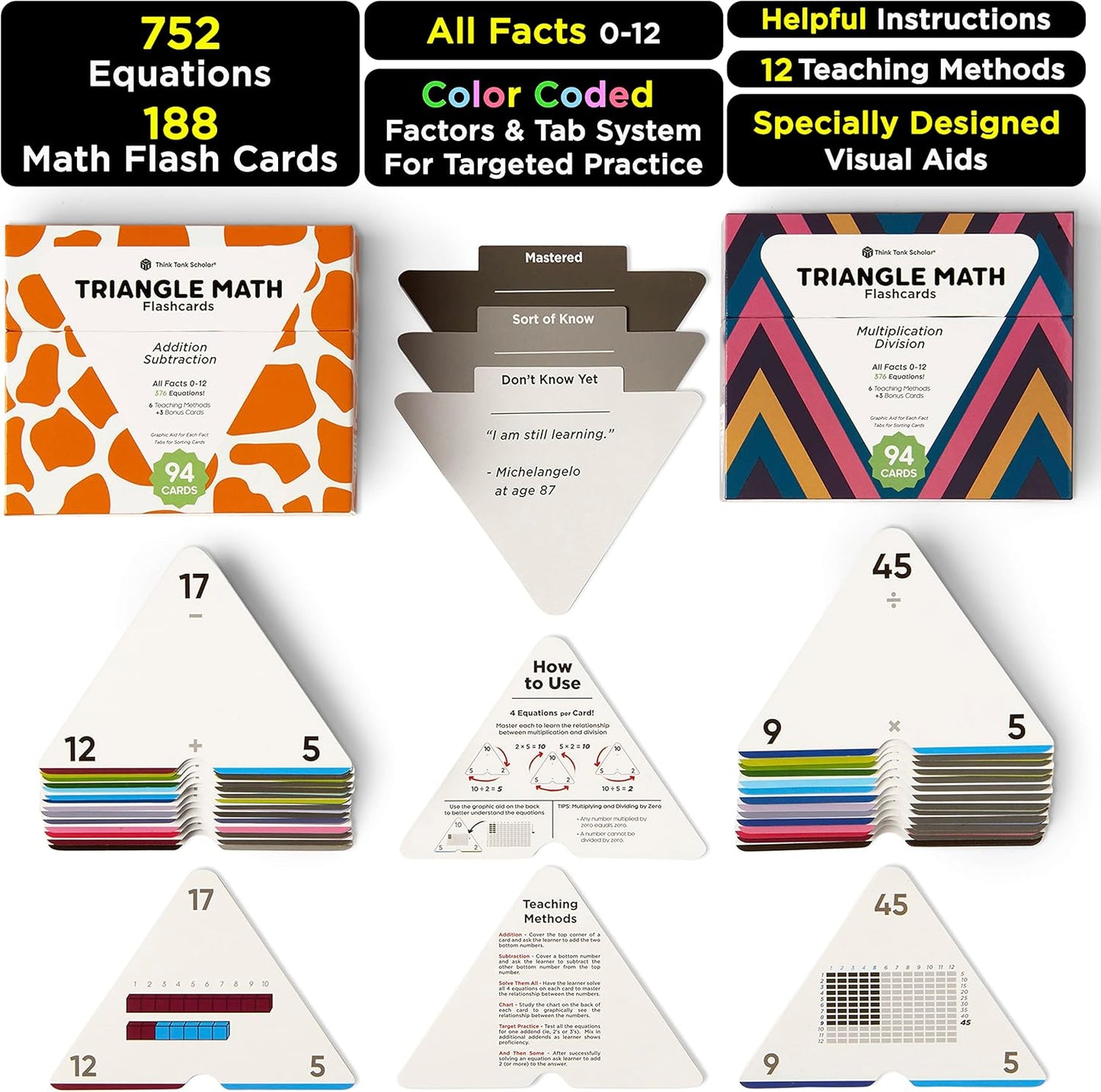 Award-Winning Triangle Math Flash Cards – 376 Multiplication & Division Facts (0–12) – Mastery-Based, Color-Coded Learning for Grades 3–6 – Durable Cards with Visual Aids