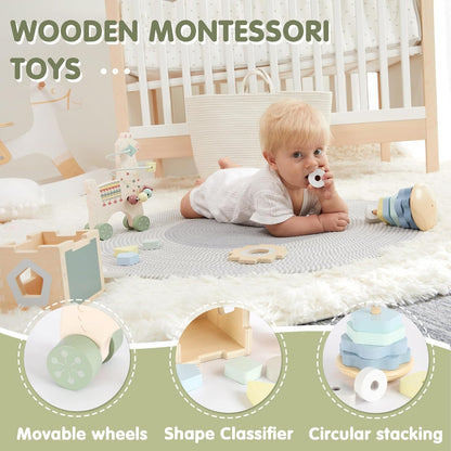 FReniland Montessori Toys for 1 Year Old，3-in-1 Wooden Baby Toys，Wooden Stacking Toy，Toddler Shape Sorting Cube, Giraffe Ring Toy,Newborn Baby Gift Sets for Boys and Girls