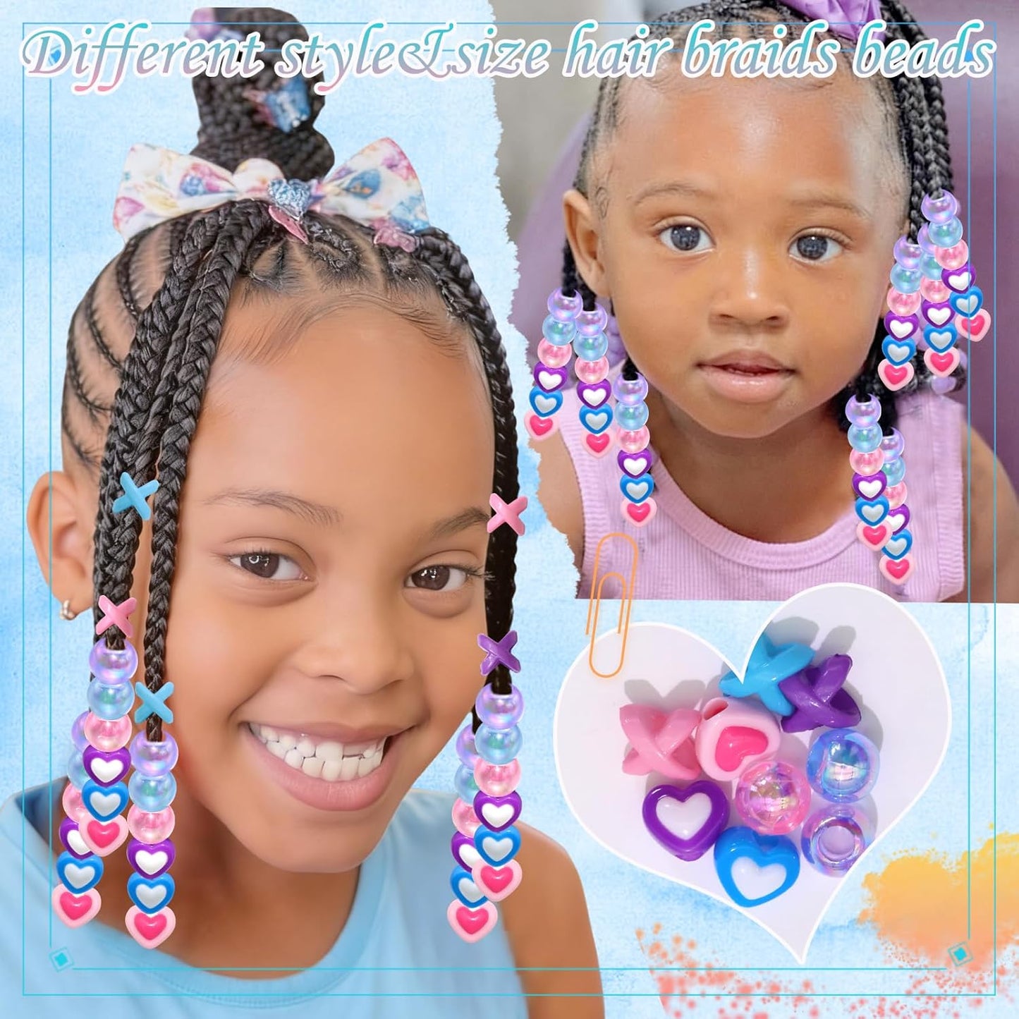 60PCS Pink White Hair Beads for Braids Three Styles Cute Loc Beads Heart Shape Bead for Kids Dreadlock AB Color Round Pony Bead Accessories