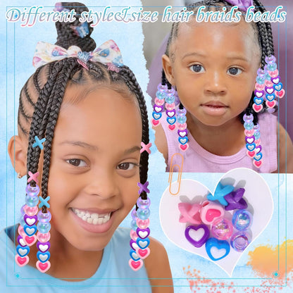 60PCS Pink White Hair Beads for Braids Three Styles Cute Loc Beads Heart Shape Bead for Kids Dreadlock AB Color Round Pony Bead Accessories