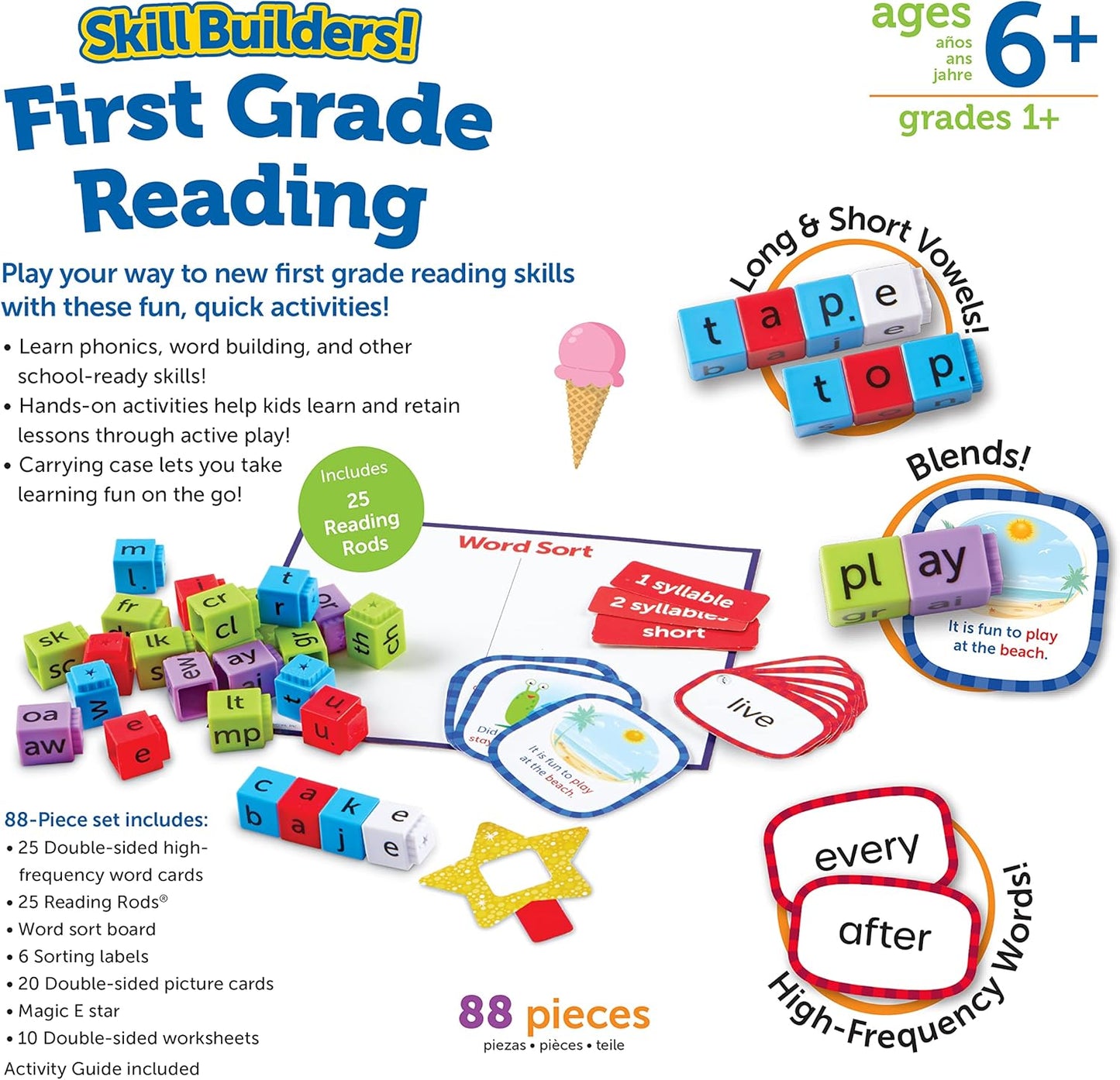 Learning Resources Skill Builders! Kindergarten Reading Activity Set - 122 Pieces, Ages 5+, Back to School Essential Materials, Homeschool Supplies