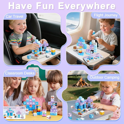 QOUBAI 45PCS Mini Magnetic Blocks Travel Toys, Magnet Building Cubes Tiles Set with Portable Iron Case, Learning Activities Gifts for Kids Toddlers Boys & Girls Ages 3-8 (Construction)