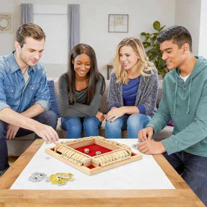 1-4 Players Shut The Box Dice Game, 10 Numbers Traditional Wooden Pub Bar Board Family Table Mat Game Dice for Adults
