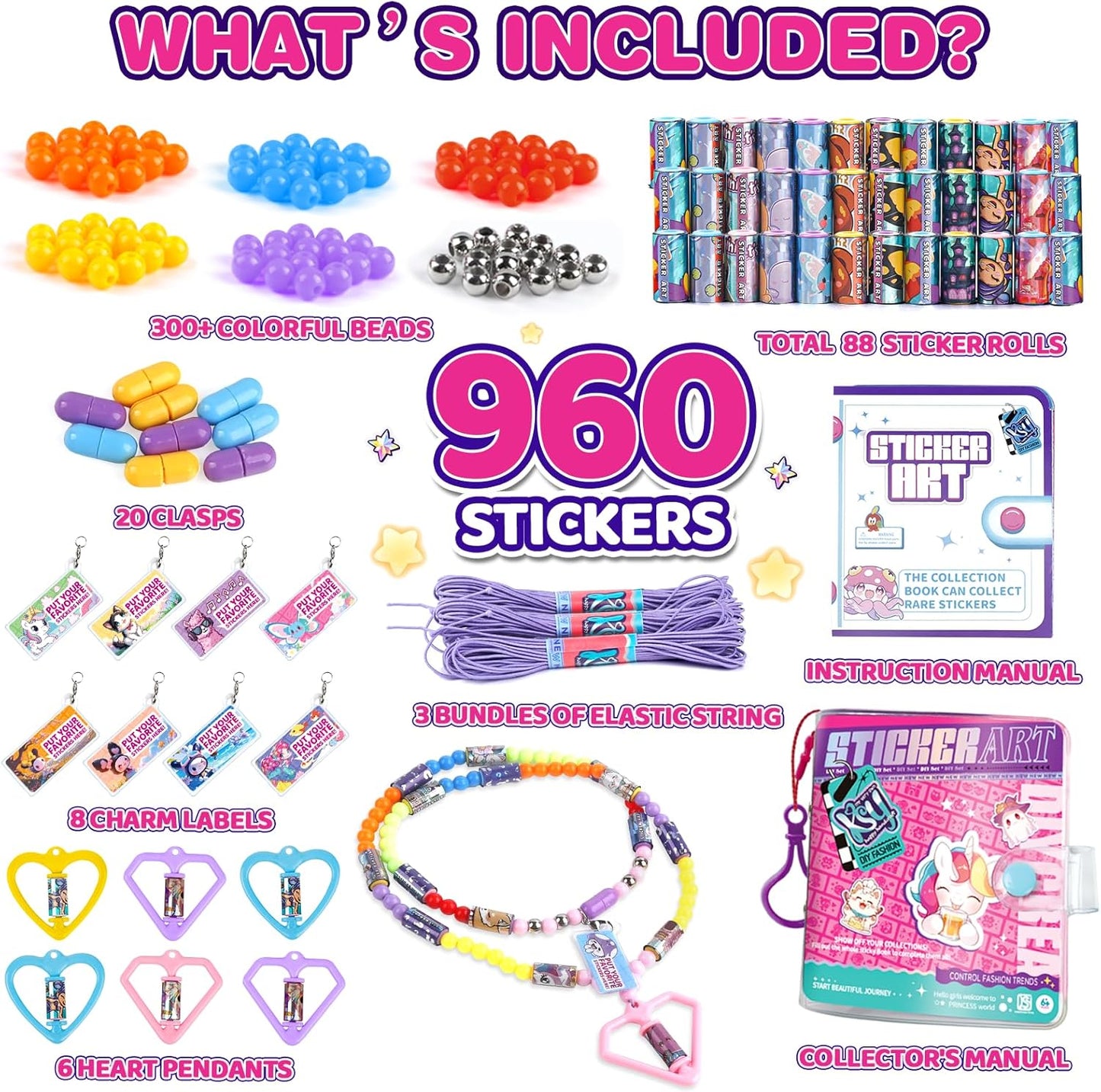 Plunack DIY Sticker Jewelry Making Kits Bracelets for Kids, Stickers Set, Includes Beads & Charms & Pendants, 320Pcs Mini Holographic Stickers, Bracelet Making Kit for Girls 6-12 Birthday Gift