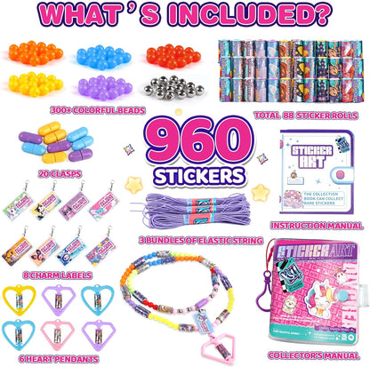 Plunack DIY Sticker Jewelry Making Kits Bracelets for Kids, Stickers Set, Includes Beads & Charms & Pendants, 320Pcs Mini Holographic Stickers, Bracelet Making Kit for Girls 6-12 Birthday Gift