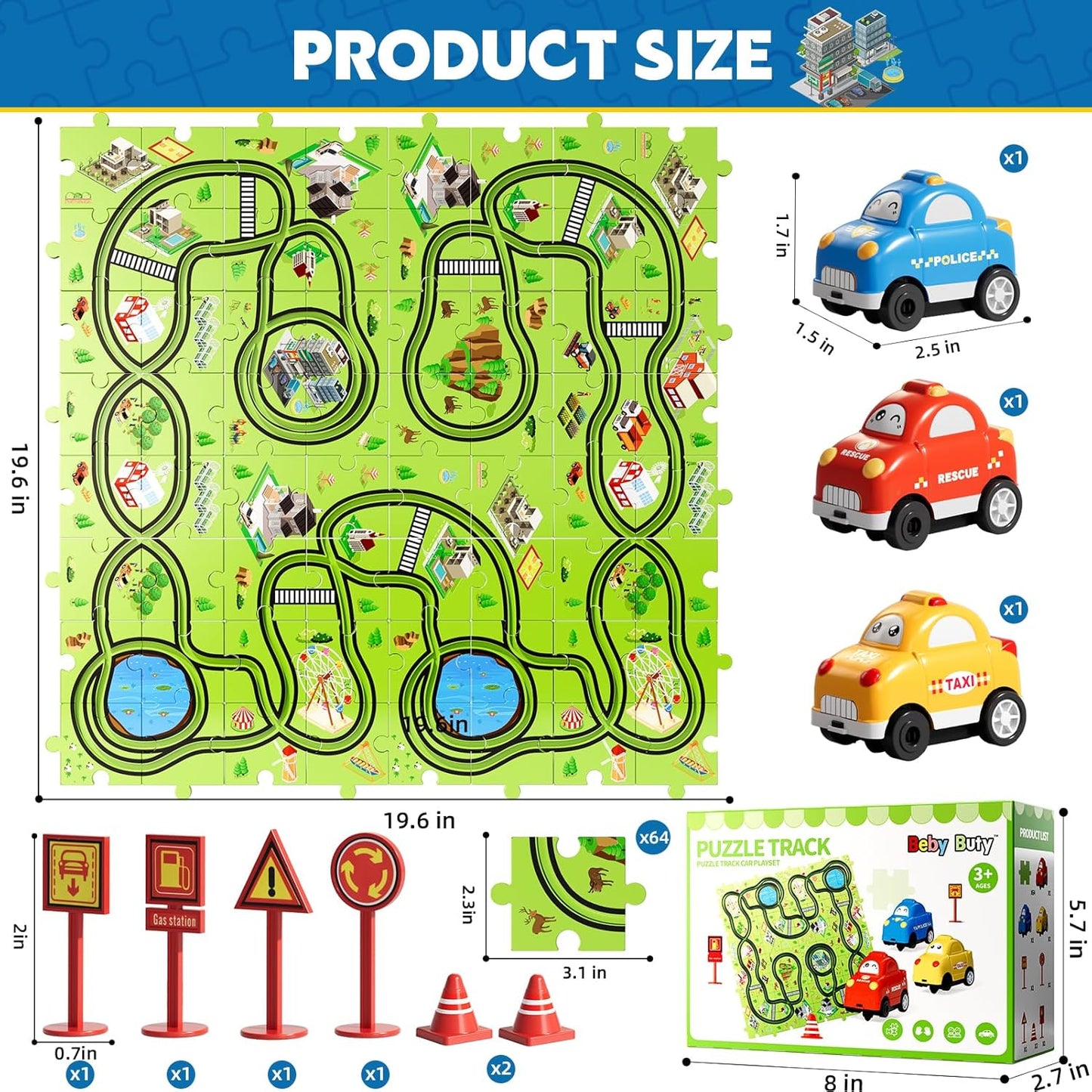 Beby Buty 64PCS Puzzle Track Car Set Toys for Kids Boys, Toddler Toys Gifts for 3 4 5 Year Old, Floor Puzzle Tracks Car for Boys Ages 3-5 4-6, for 3 4 5 6 Year Old