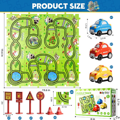 Beby Buty 64PCS Puzzle Track Car Set Toys for Kids Boys, Toddler Toys Gifts for 3 4 5 Year Old, Floor Puzzle Tracks Car for Boys Ages 3-5 4-6, for 3 4 5 6 Year Old