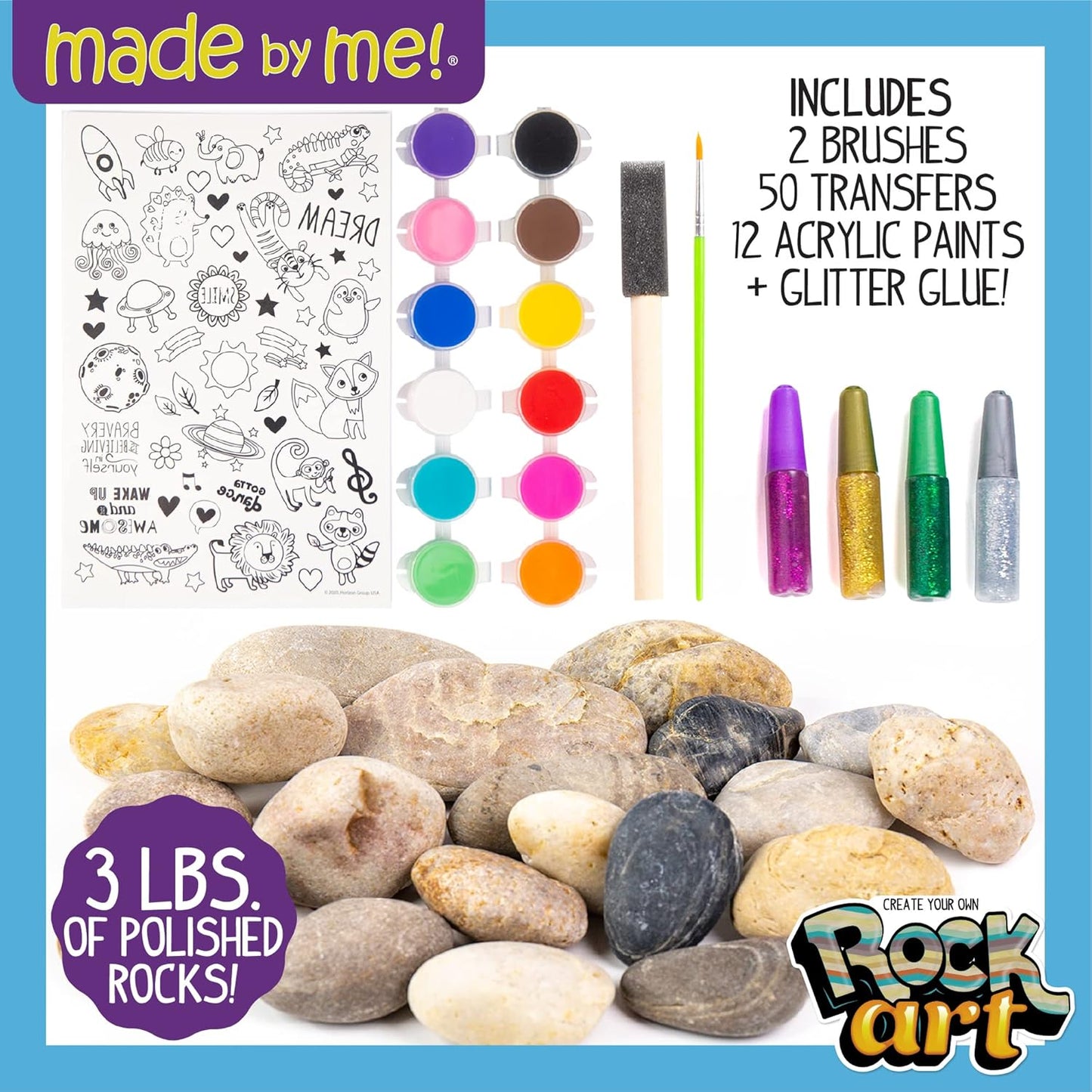 Made By Me Rock Art Kit, Rock Painting Arts and Crafts Kit, Includes 3 Pounds of Rocks and 12 Paints, Great Summer Activity or Birthday Party Fun, Perfect Outside Craft Idea for Kids Ages 6, 7, 8, 9