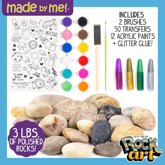 Made By Me Rock Art Kit, Rock Painting Arts and Crafts Kit, Includes 3 Pounds of Rocks and 12 Paints, Great Summer Activity or Birthday Party Fun, Perfect Outside Craft Idea for Kids Ages 6, 7, 8, 9
