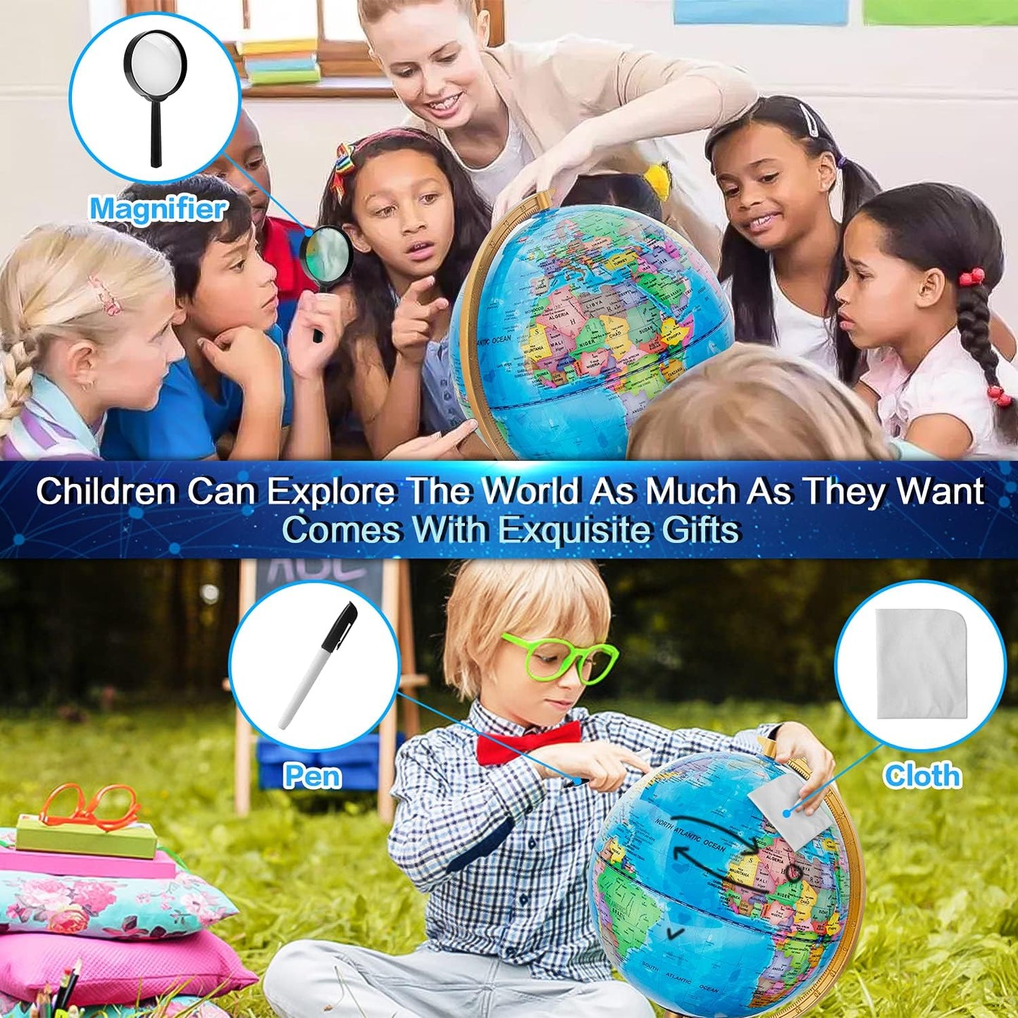 TTKTK Illuminated World Globe for Kids & Adults All Ages with Wooden Stand 7 in 1- Night View Stars Map Constellation Globe with Detailed Colorful World,Built-in LED Bulb, Educational Gift