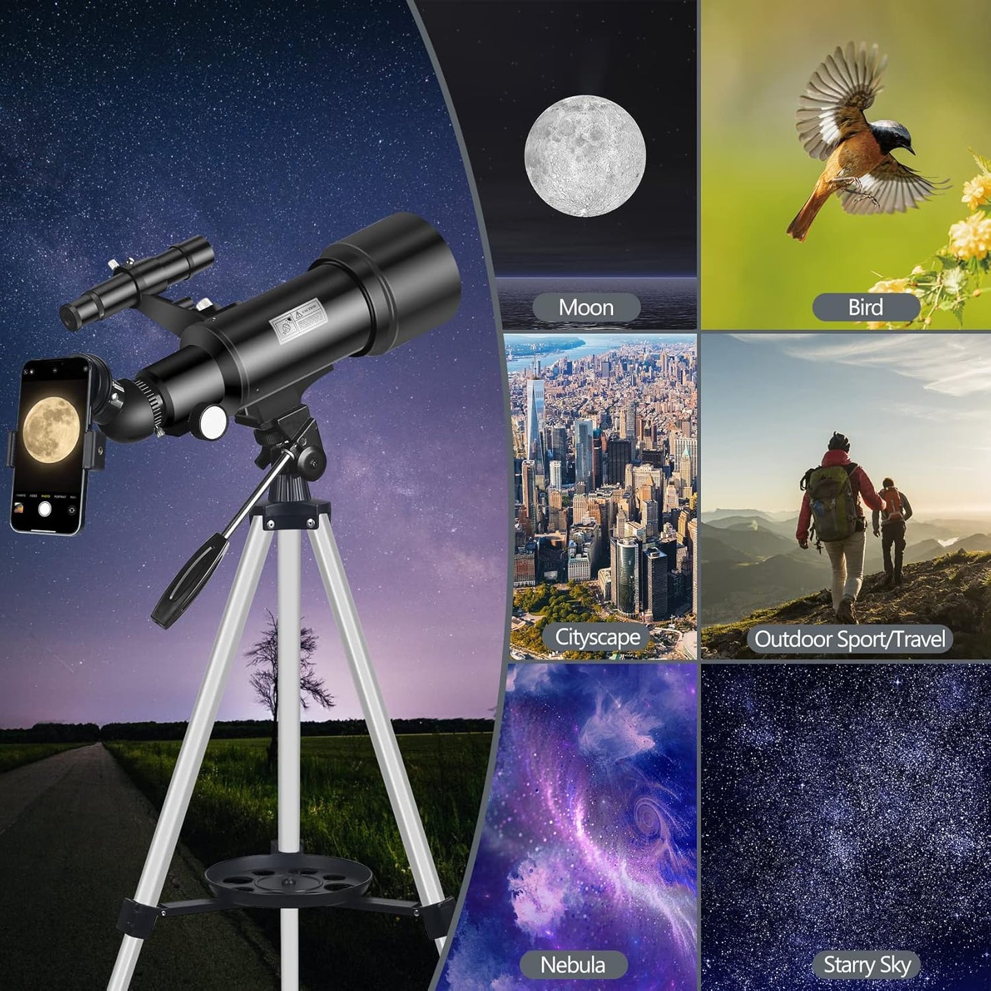 Telescope for Adult, 70mm Aperture 400mm Portable Telescope with Tripod, Finder Scope, Phone Adapter, Carrying Bag, Astronomical Refractors Telescopes for Kids Beginners Adults (White)