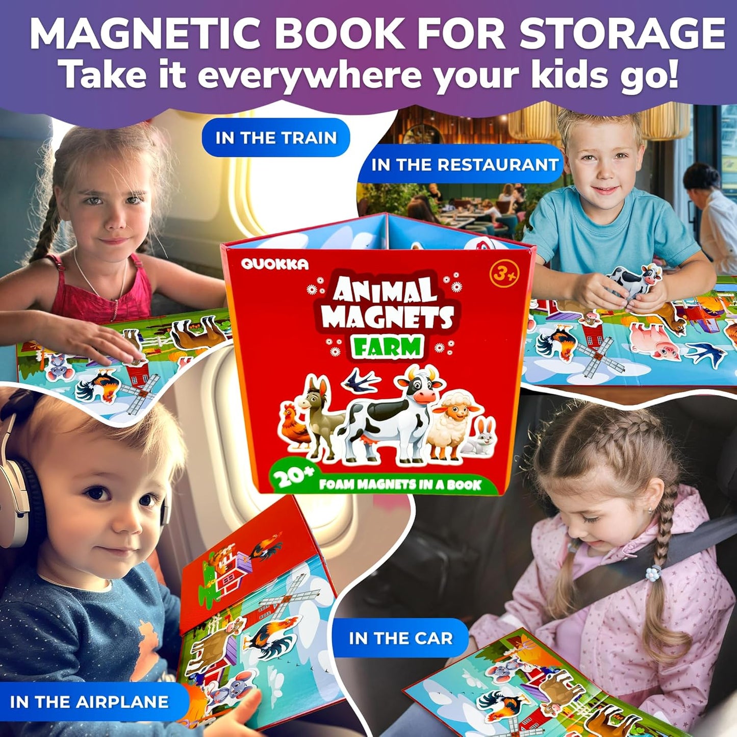 QUOKKA Travel Magnetic Puzzles for Toddlers 1-3 – 20+Pcs Farm Toy Game with Extra-Long Play Book – Fun Travel Game for Kids Ages 3-5 – Strong Magnets for Car Activities – Fun Toddler Puzzle Ages 2-4