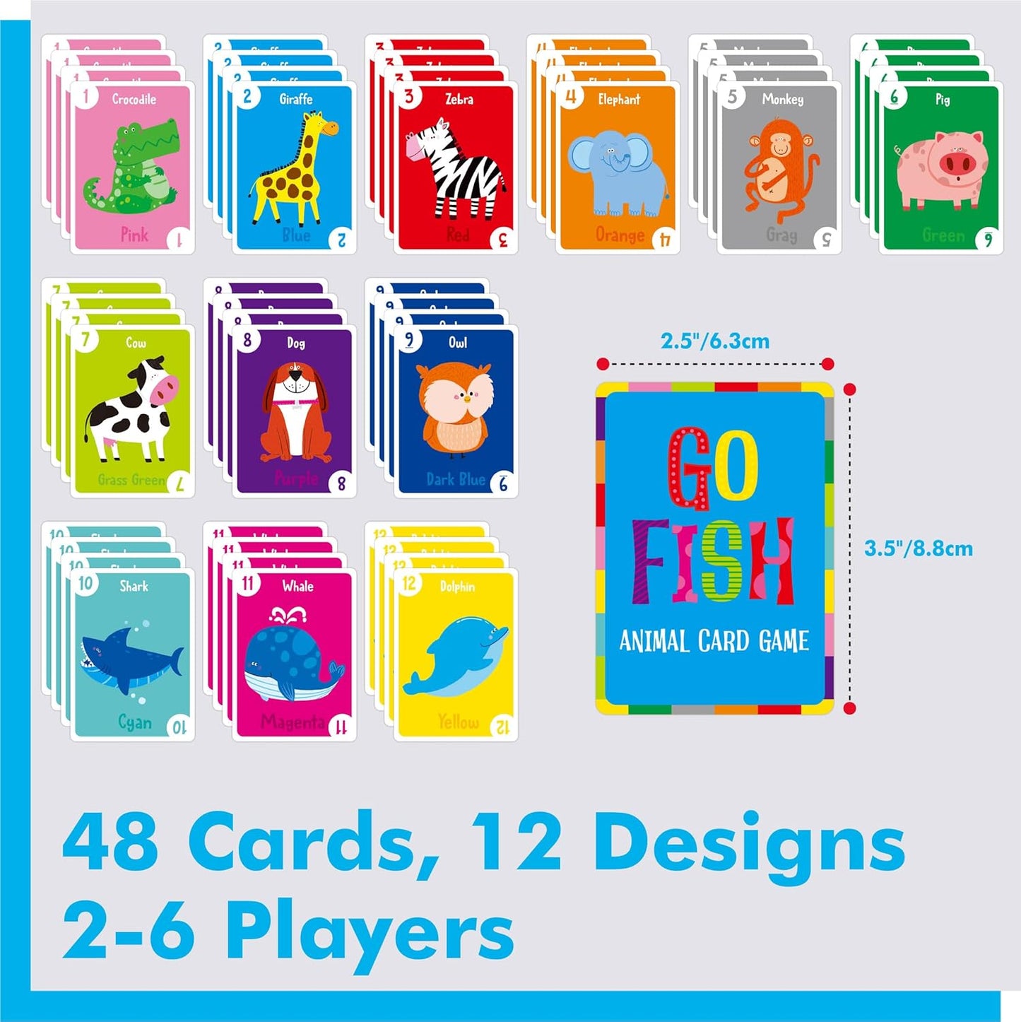 Animal Go Fish Card Game, 48 Animal Themed Cards with Word, Color, Number-Letters Fun Memory Matching Game for Kids Learning, Party Game, Family Gathering, Game Night, Classroom Activities