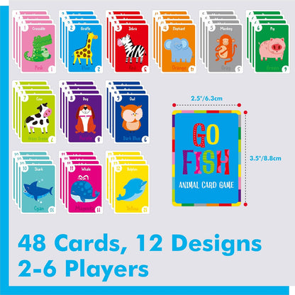Animal Go Fish Card Game, 48 Animal Themed Cards with Word, Color, Number-Letters Fun Memory Matching Game for Kids Learning, Party Game, Family Gathering, Game Night, Classroom Activities