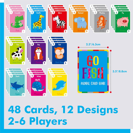 Animal Go Fish Card Game, 48 Animal Themed Cards with Word, Color, Number-Letters Fun Memory Matching Game for Kids Learning, Party Game, Family Gathering, Game Night, Classroom Activities