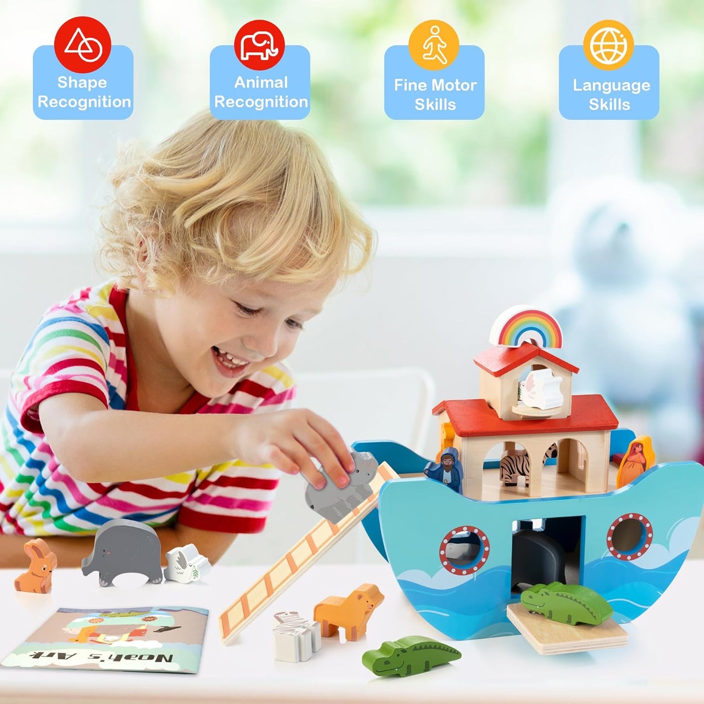 JUSTWOOD Wooden Noahs Ark Toy Animal Play Set, Bible Story Toys Baptism Gift for Boys and Girls Ages 1+ Years, Baby Shape Sorter Toy SS09