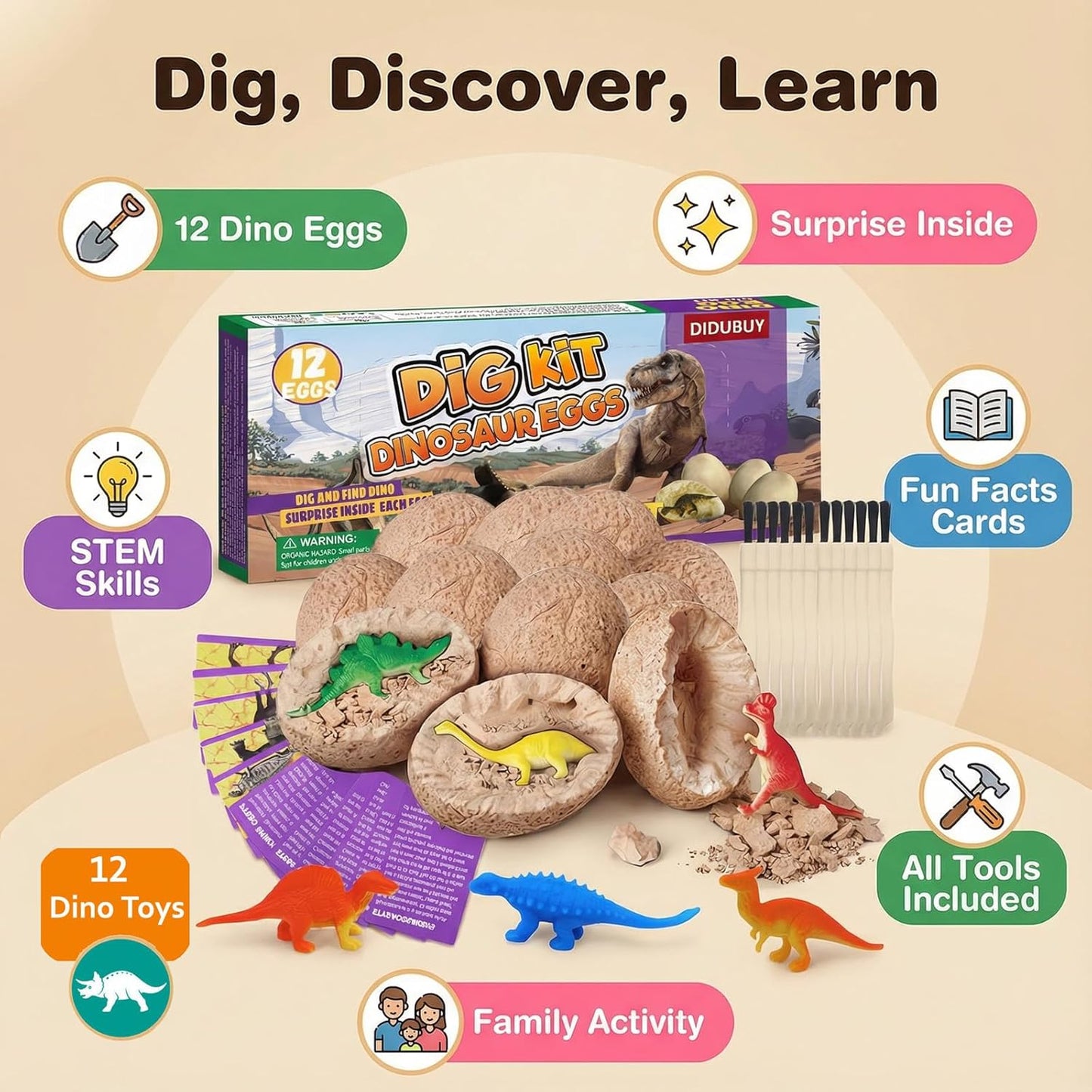 Dino Eggs Dig Kit, 12 Pack Dinosaur Eggs Excavation Science Experiments Kits for Kids 4-12, Dinosaur Toys for 3 4 5 6 7 8 9 10 Year Old Boys Girls