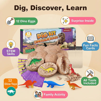 Dino Eggs Dig Kit, 12 Pack Dinosaur Eggs Excavation Science Experiments Kits for Kids 4-12, Dinosaur Toys for 3 4 5 6 7 8 9 10 Year Old Boys Girls