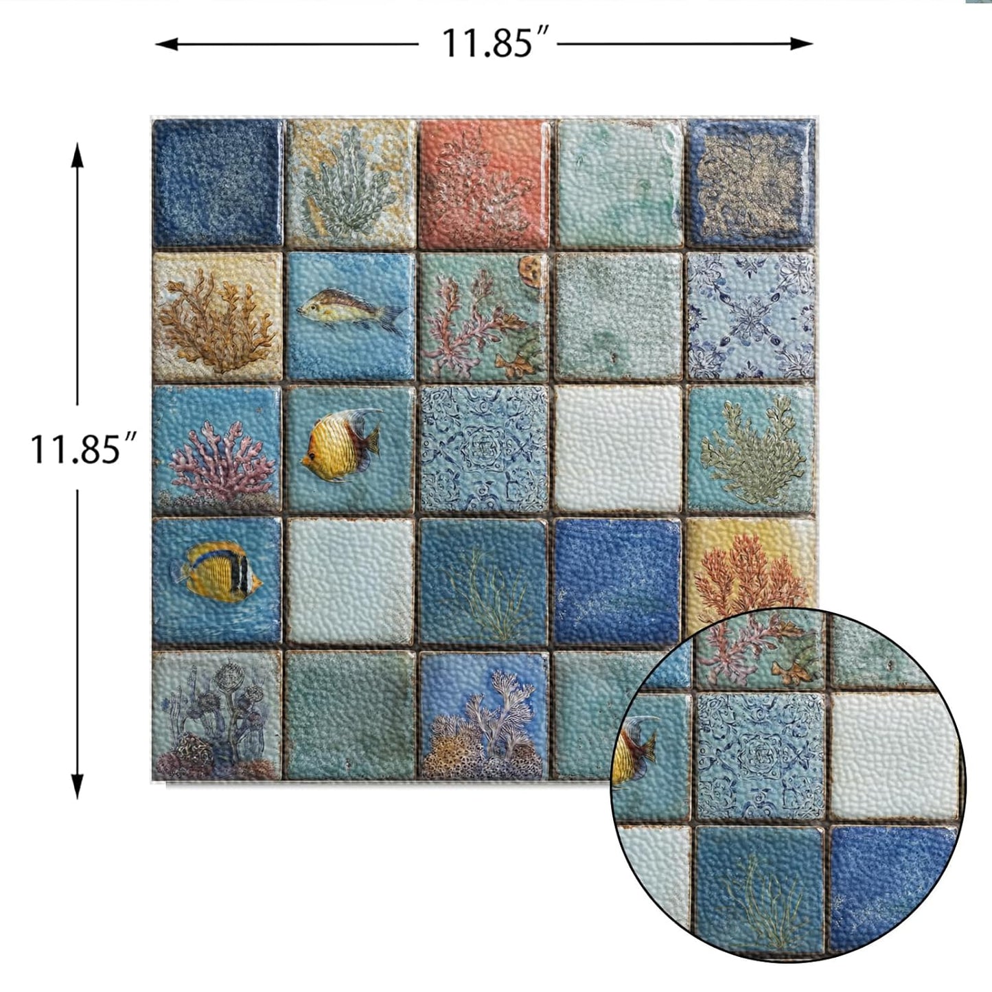 Wall Tiles Peel and Stick 12x12 Inch Ocean Coral Fish Pattern Vinyl Stickers Self Adhesive Tiles for Kitchen Bathroom Shower Laundry Room Aquarium Theme Home Renovation DIY Decor