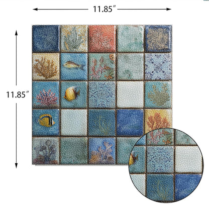 Wall Tiles Peel and Stick 12x12 Inch Ocean Coral Fish Pattern Vinyl Stickers Self Adhesive Tiles for Kitchen Bathroom Shower Laundry Room Aquarium Theme Home Renovation DIY Decor