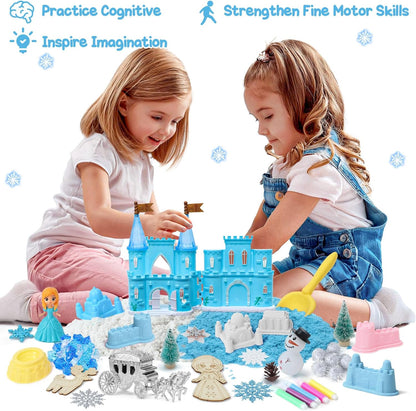 G.C Sensory Bin for Girl Kid Toy, Play Sand Art Kit with Sandbox/2lb Sand/Castle/Molds/Princess Figure, Winter Sensory Toy Christmas Birthday Gift for Girl Toddler Ages 3 4 5 6 7 8