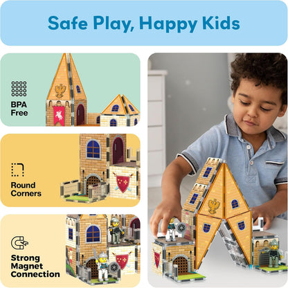 PicassoTiles 60pc Magnetic Tile Princess Castle Building Set with Double Sided Printed Tiles 2 Character Figures STEM Educational Toy Kit for Kids Pretend Play Montessori Learning Ages 3 to 8 PTQ04
