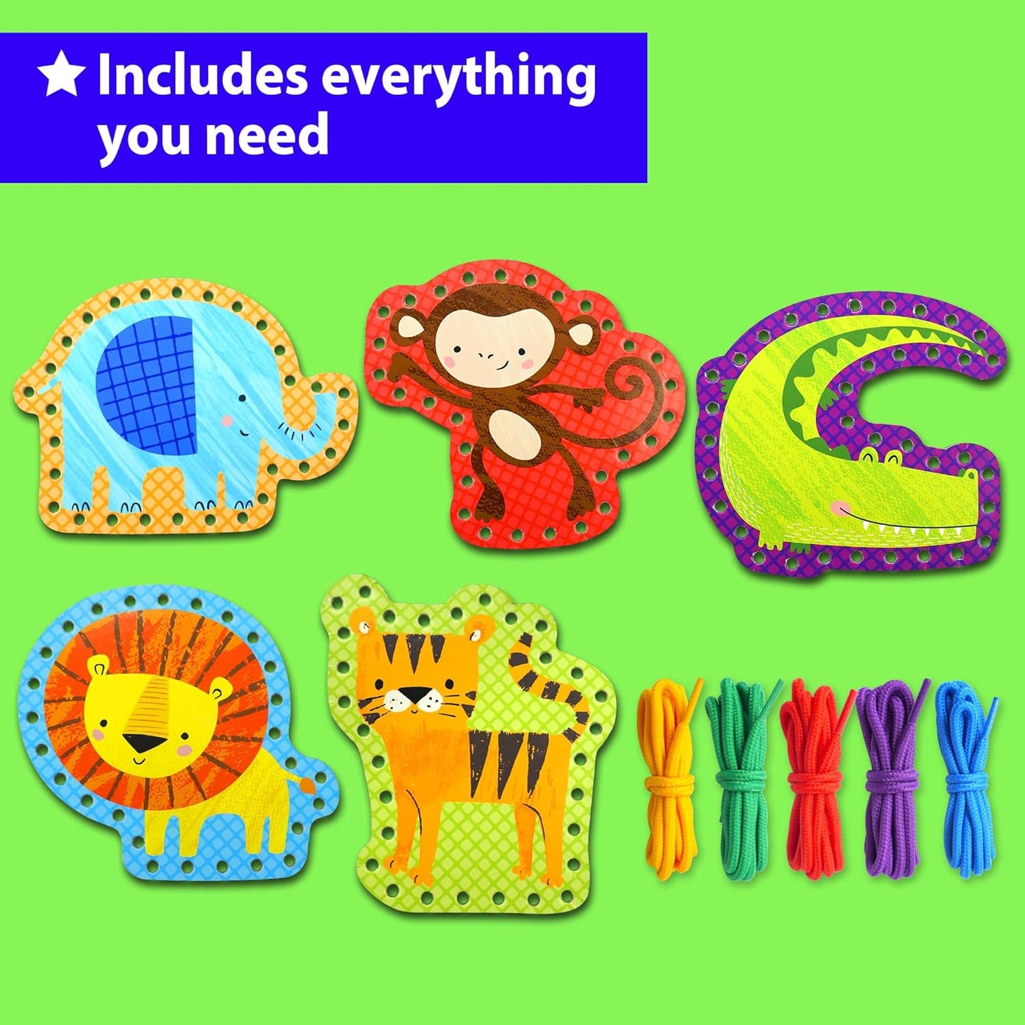 KRAFUN My First Lacing Cards Kit for Toddlers & Kids Age 3+, 10 Safari Animal Arts & Crafts Projects, Fine Motor Skills Toys with Lion Monkey Elephant Tiger Giraffe Hippo Zebra Bear