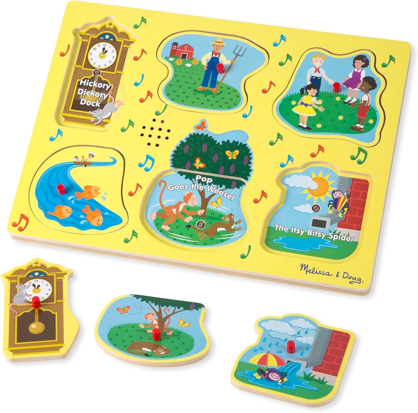Melissa & Doug Sing-Along Nursery Rhymes Sound Puzzle -Yellow - Wooden Peg Puzzle (8 pcs)
