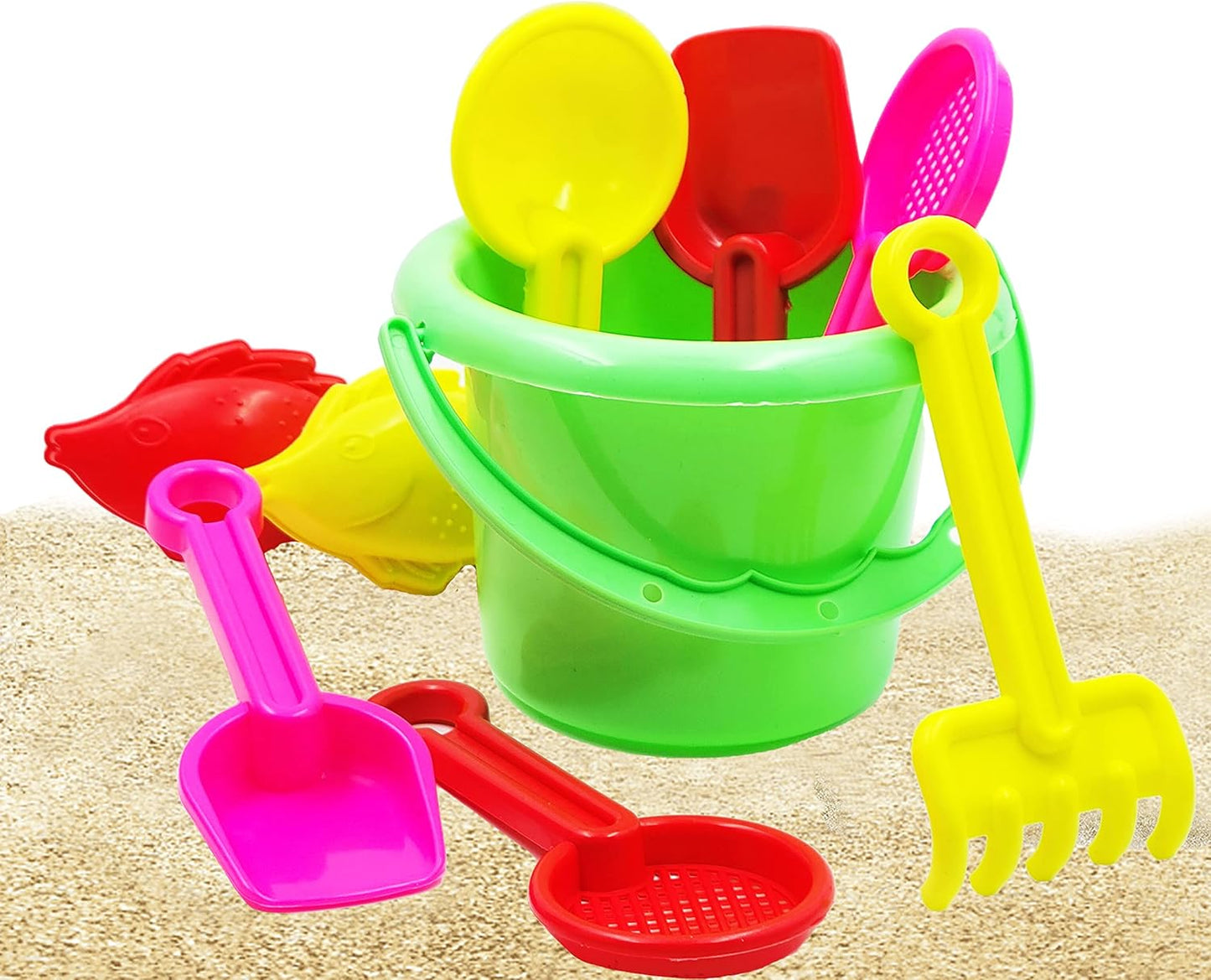 The Dreidel Company Mini Beach Day Playsets (Pack of 6) 3.25" Sand Bucket Play Set Box Includes, Pail, Shovel, Rake, Sifter Scoop, Dolphin Fish Sand Trays Toy for Boys and Girls Birthday Party Favor