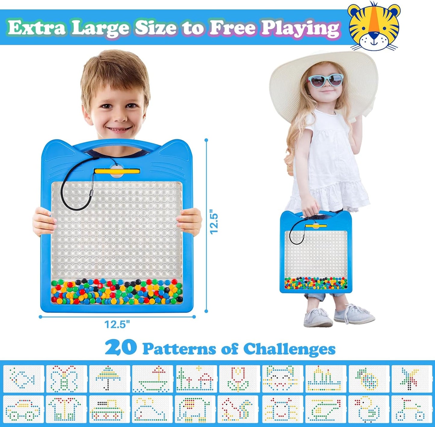 Magnetic Drawing Board for Kids, Toddler Magnet Doodle Board with Beads and 2 Pens, Magnetic Dot Art Toys, Airplane Car Travel Activities (Blue Cat)