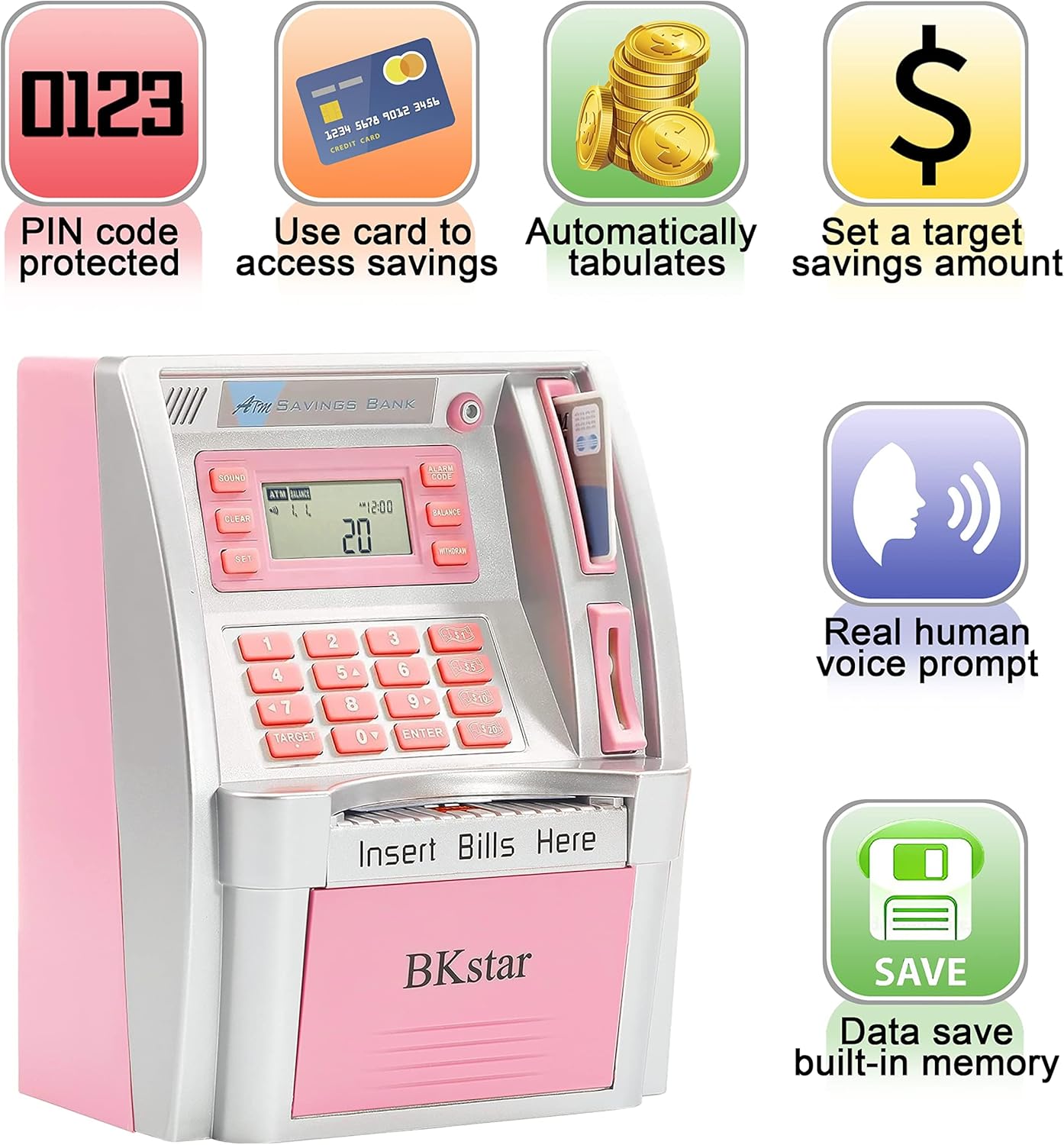BKstar ATM Piggy Bank for Kids - Talking Electronic Money Bank with Debit Cards & Digital Coin Counter for Real Money, Boys Girls