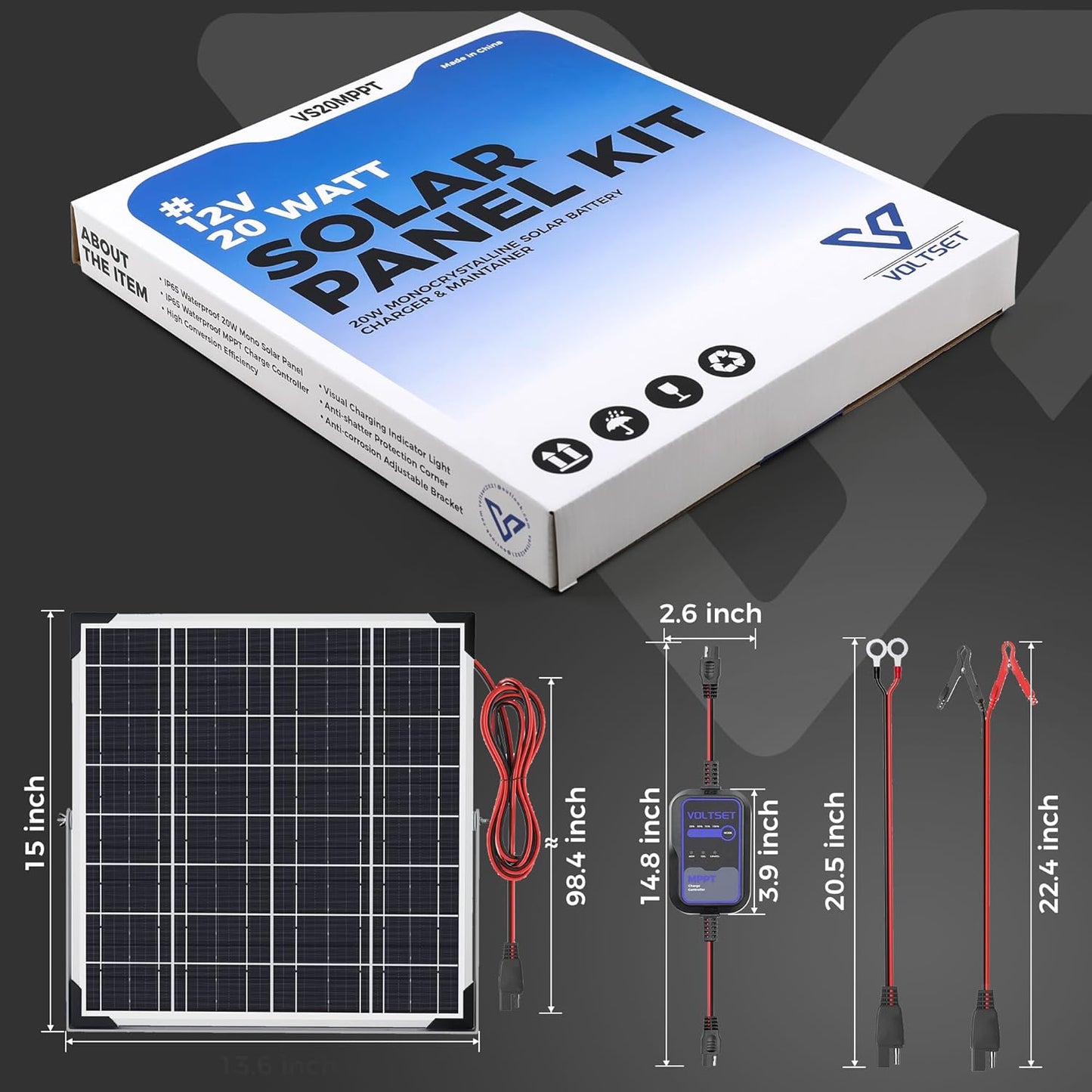 Voltset 12V Solar Battery Charger - 20W Waterproof Solar Panel Kit with Smart MPPT Controller - Trickle Charger Maintainer for Car RV Boat Marine Trailer Automotive Trailer Truck Motorcycle